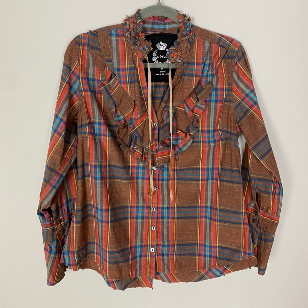 Cino Womens Plaid Button‎ Down Shirt Small Ruffle Country Western Concert Rodeo